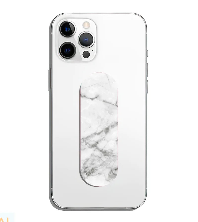 A phone grip slider applied to the back of a smartphone.