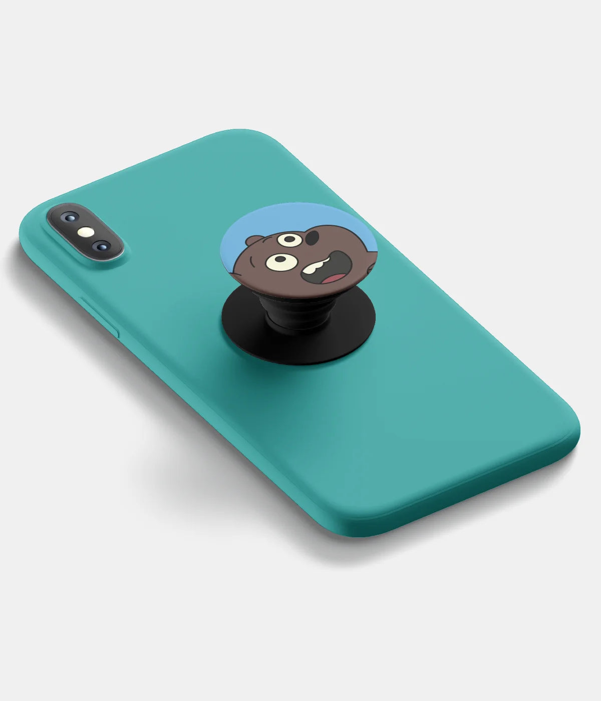 A top-down view of a phone grip holder attached to a mobile phone case on a white background