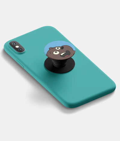 A top-down view of a phone grip holder attached to a mobile phone case on a white background