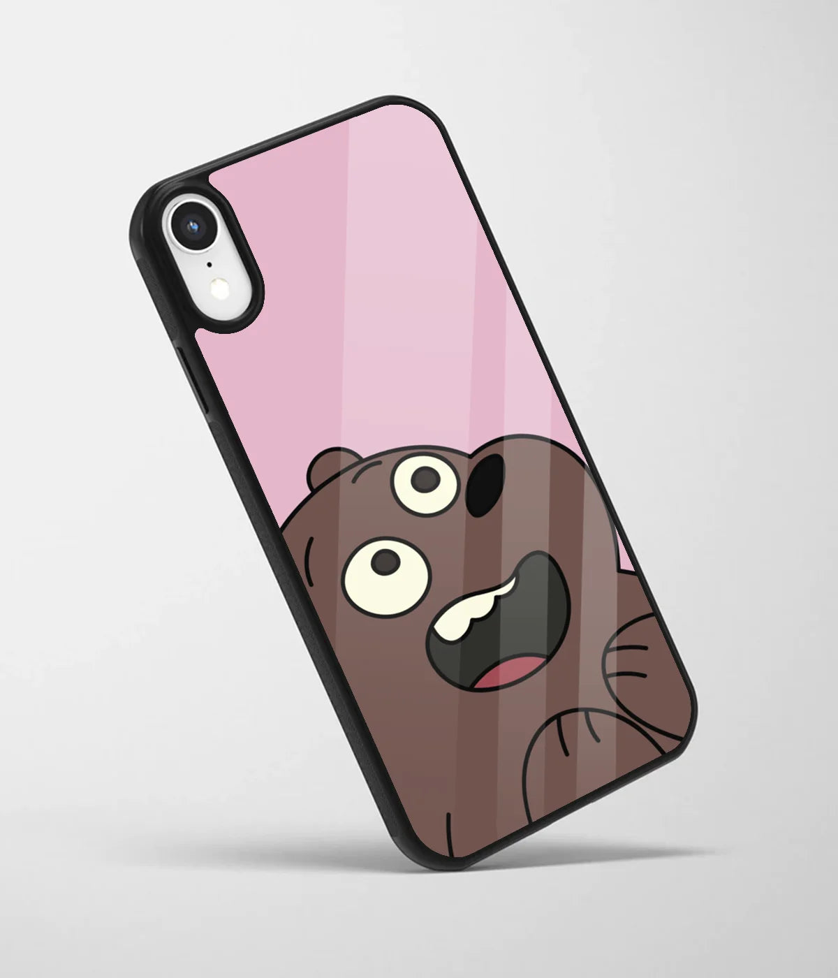 An angled view of a glass phone case featuring a vibrant design.