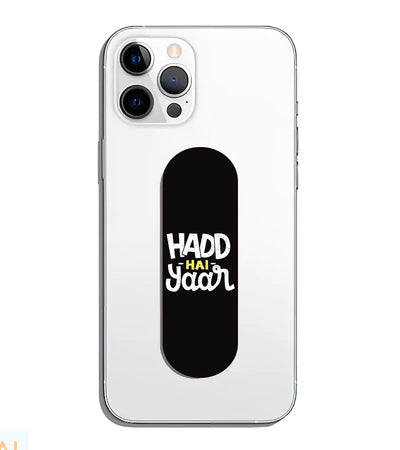 A phone grip slider applied to the back of a smartphone.