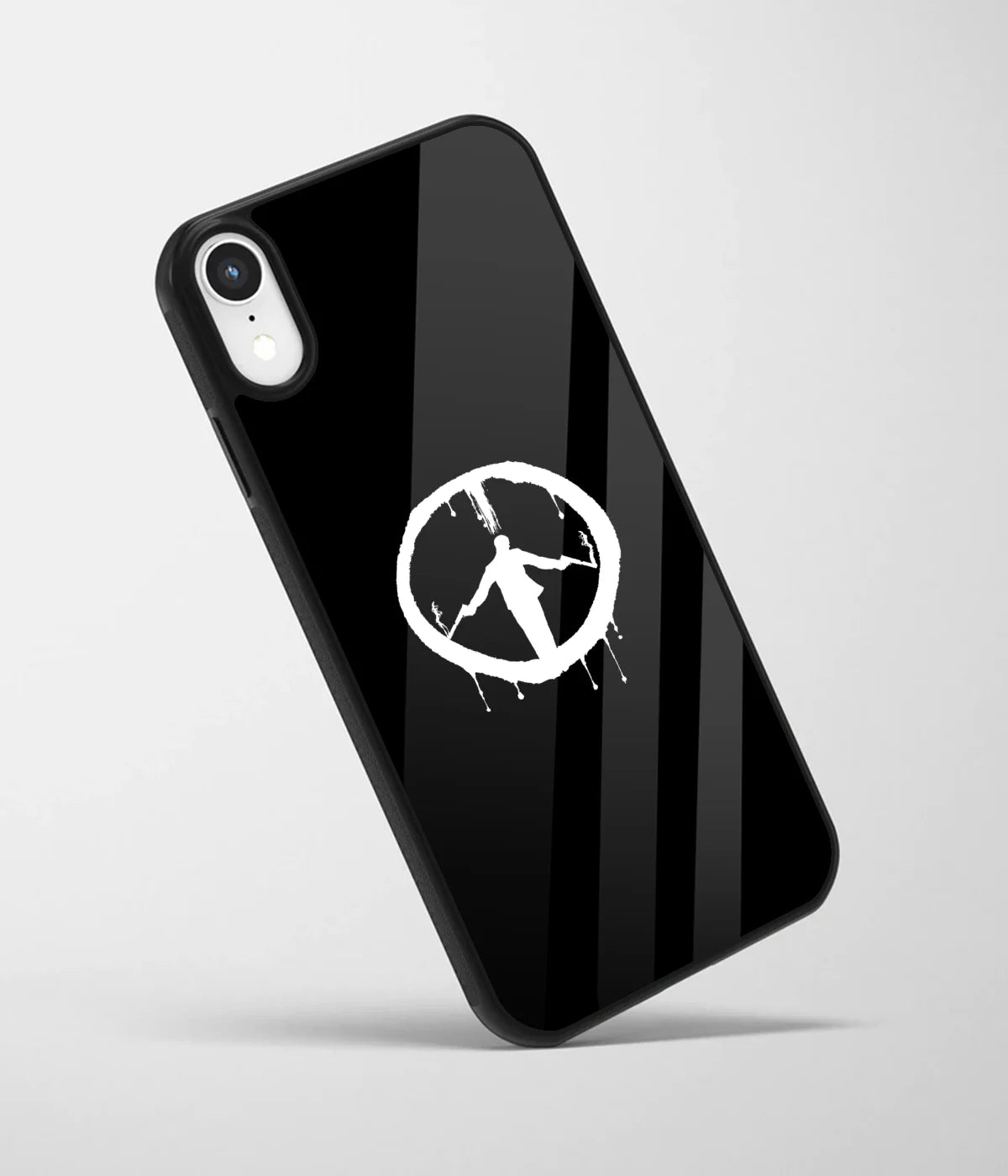 An angled view of a glass phone case featuring a vibrant design.