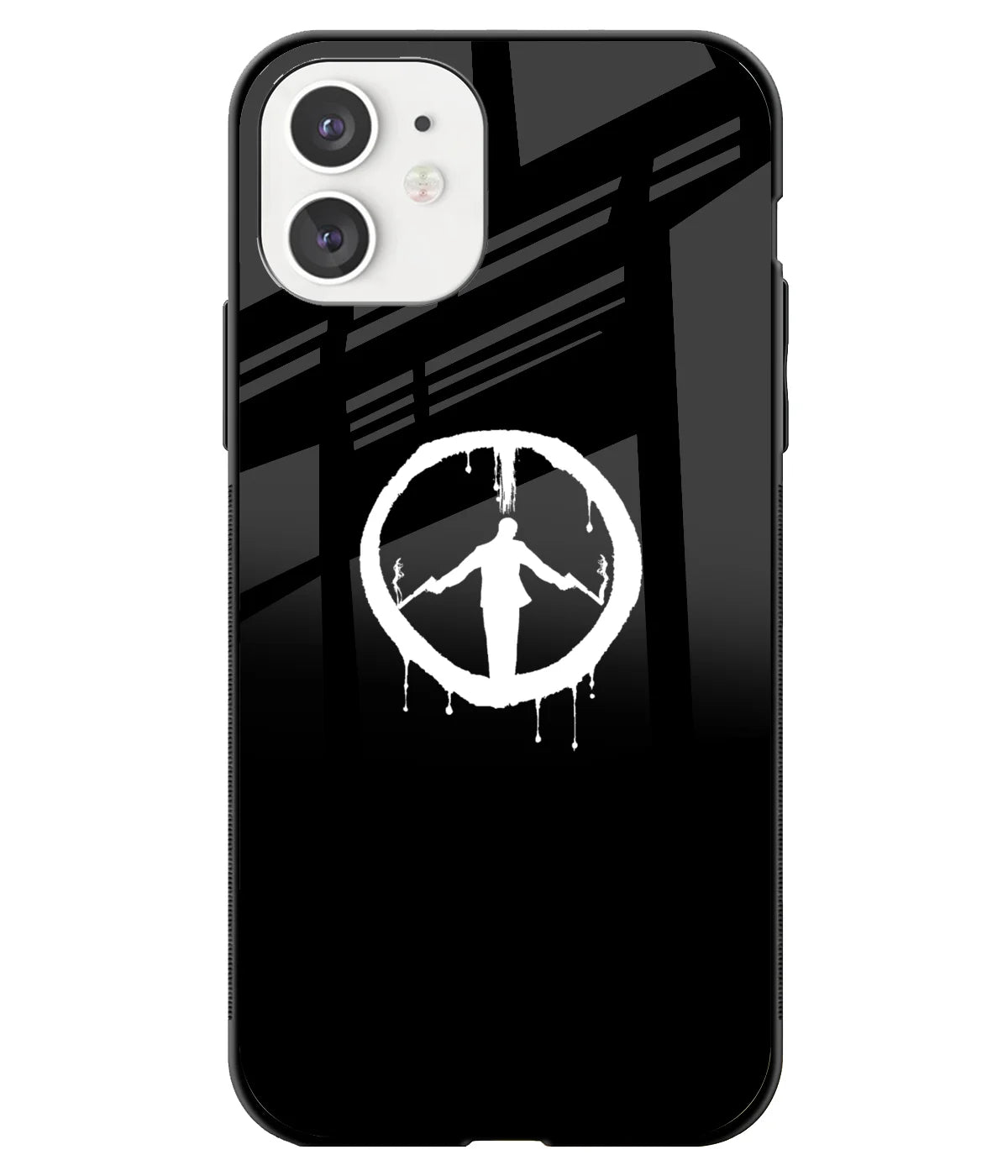 A front-on view of a glass phone case with a colorful design.