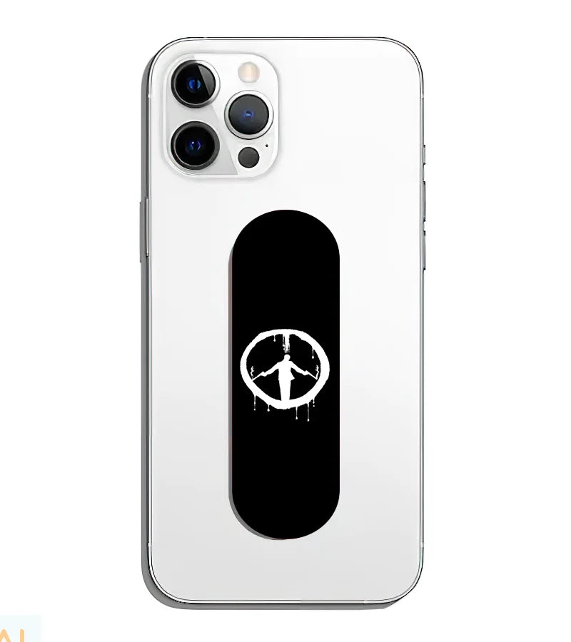 A phone grip slider applied to the back of a smartphone.