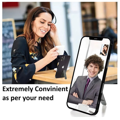 Image showing the kickstand supporting a smartphone in vertical portrait mode, enabling convenient hands-free video calls and multitasking.