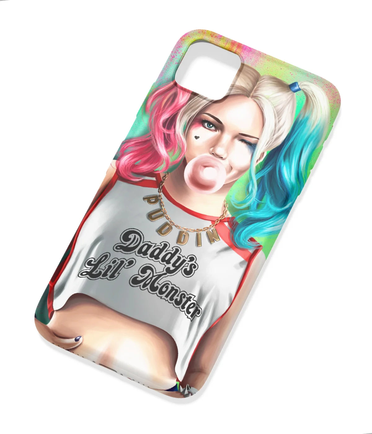 An angled view of a soft silicone case featuring a colorful design.