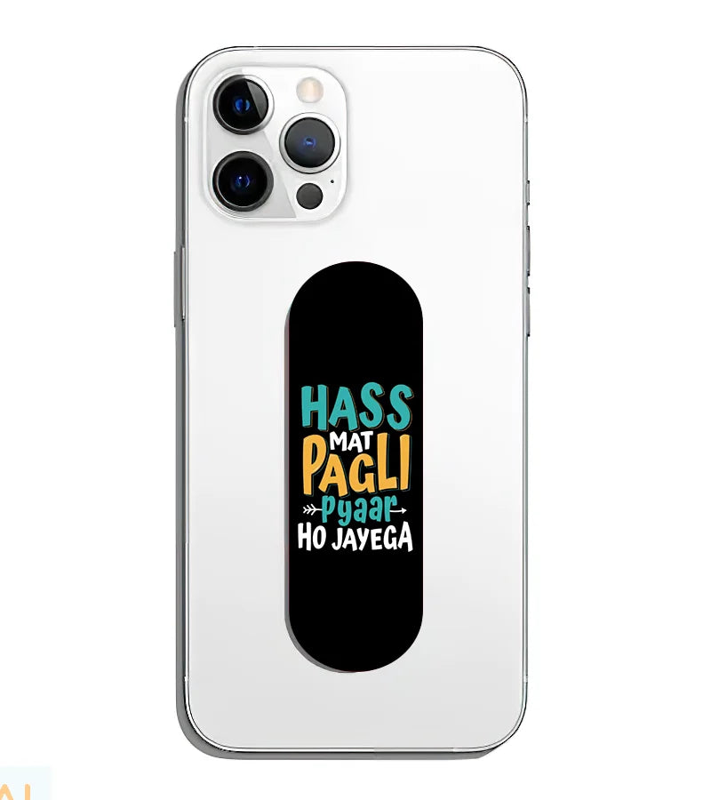 A phone grip slider applied to the back of a smartphone.