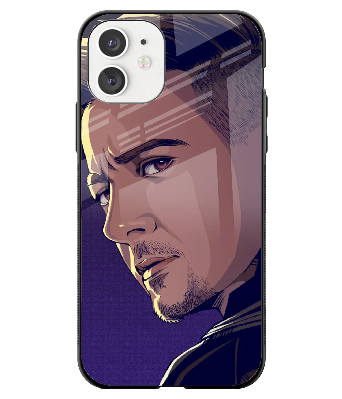 A front-on view of a glass phone case with a colorful design.