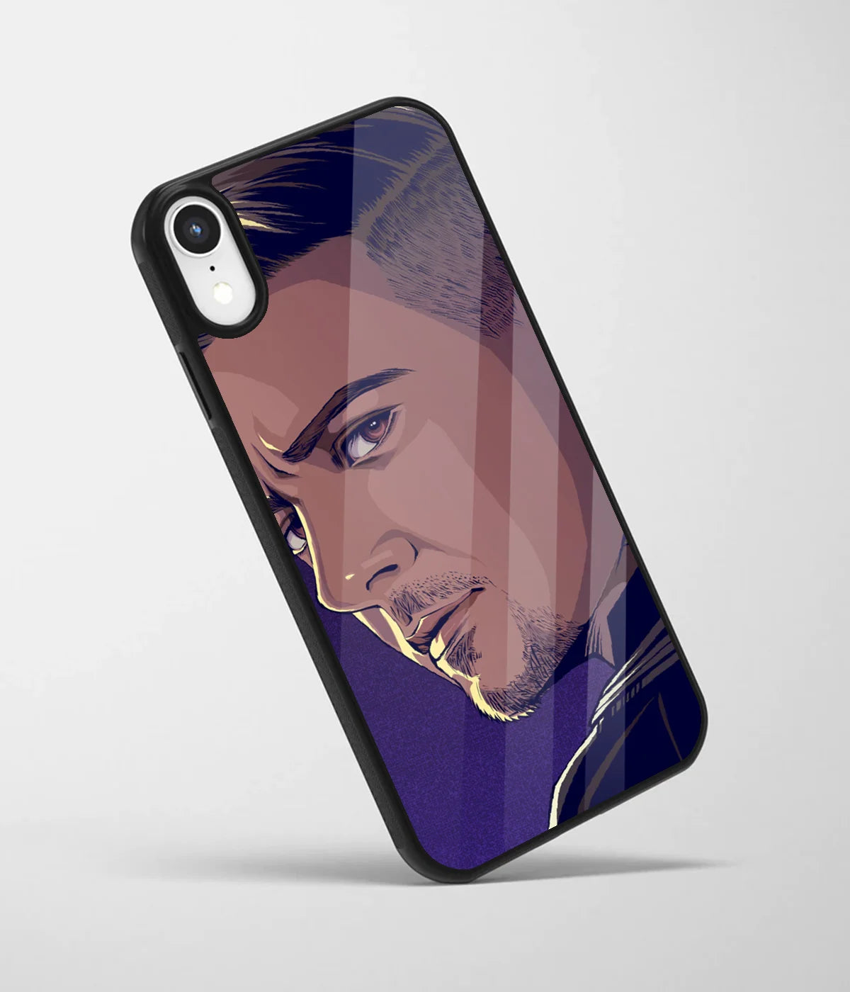 An angled view of a glass phone case featuring a vibrant design.