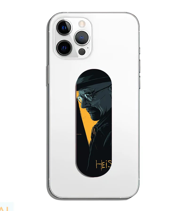 A phone grip slider applied to the back of a smartphone.