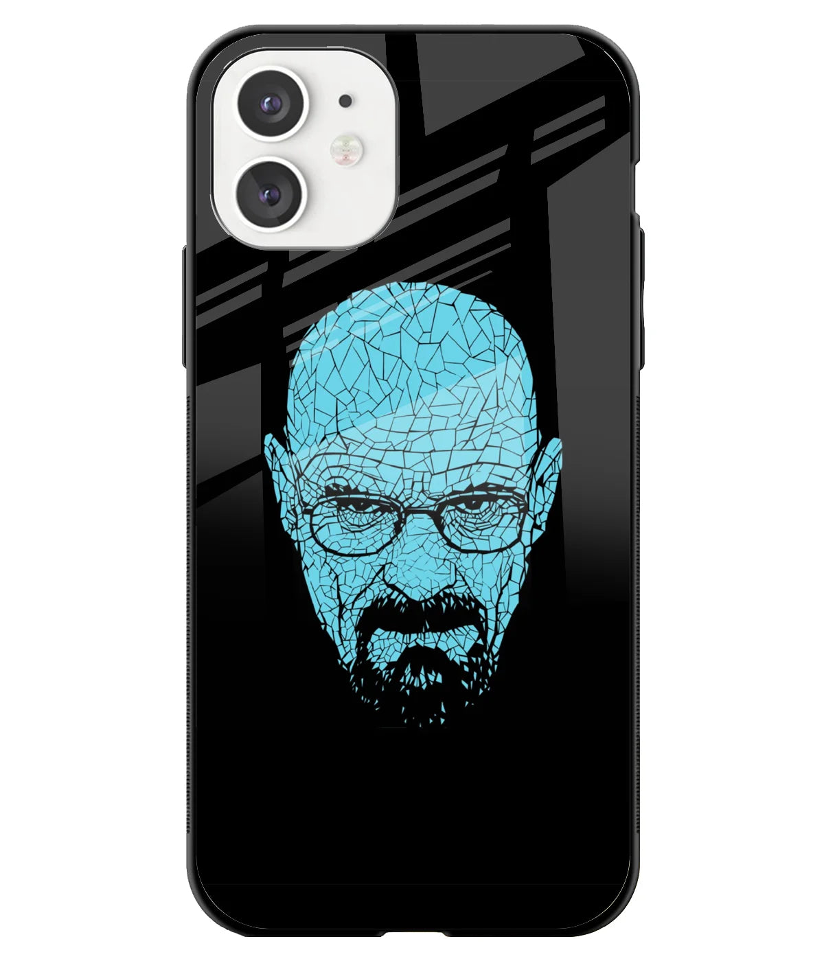 A front-on view of a glass phone case with a colorful design.