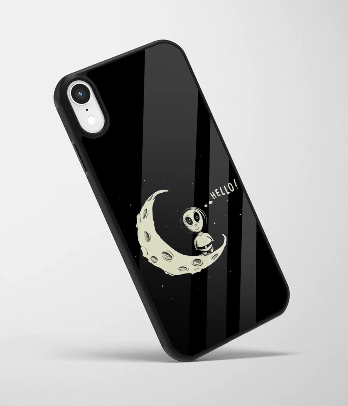 An angled view of a glass phone case featuring a vibrant design.