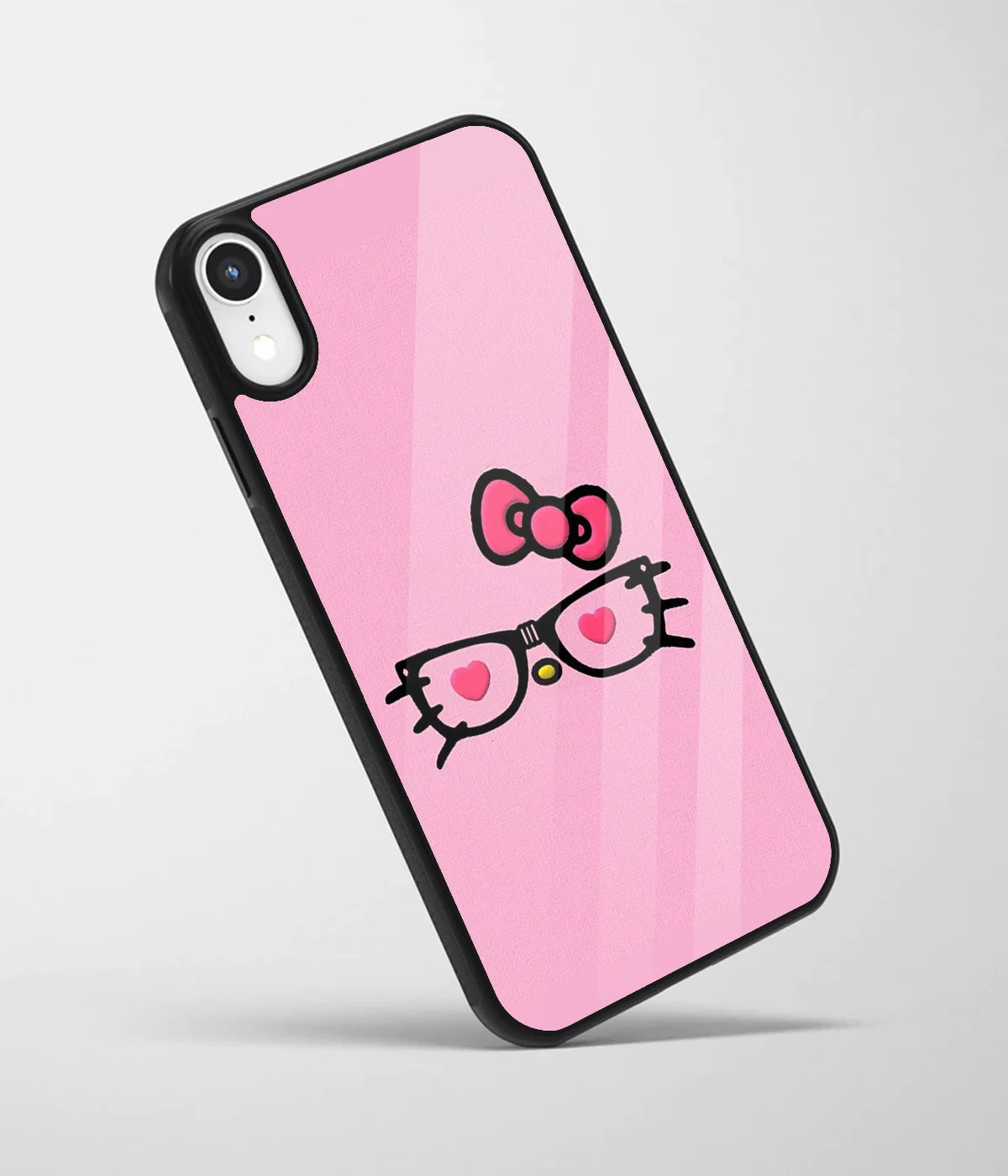 An angled view of a glass phone case featuring a vibrant design.