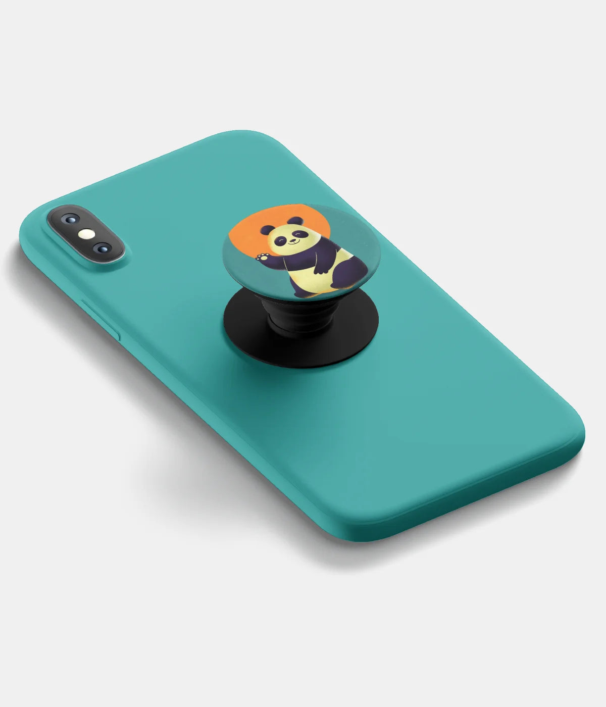 A top-down view of a phone grip holder attached to a mobile phone case on a white background