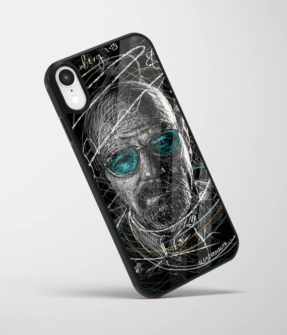 An angled view of a glass phone case featuring a vibrant design.