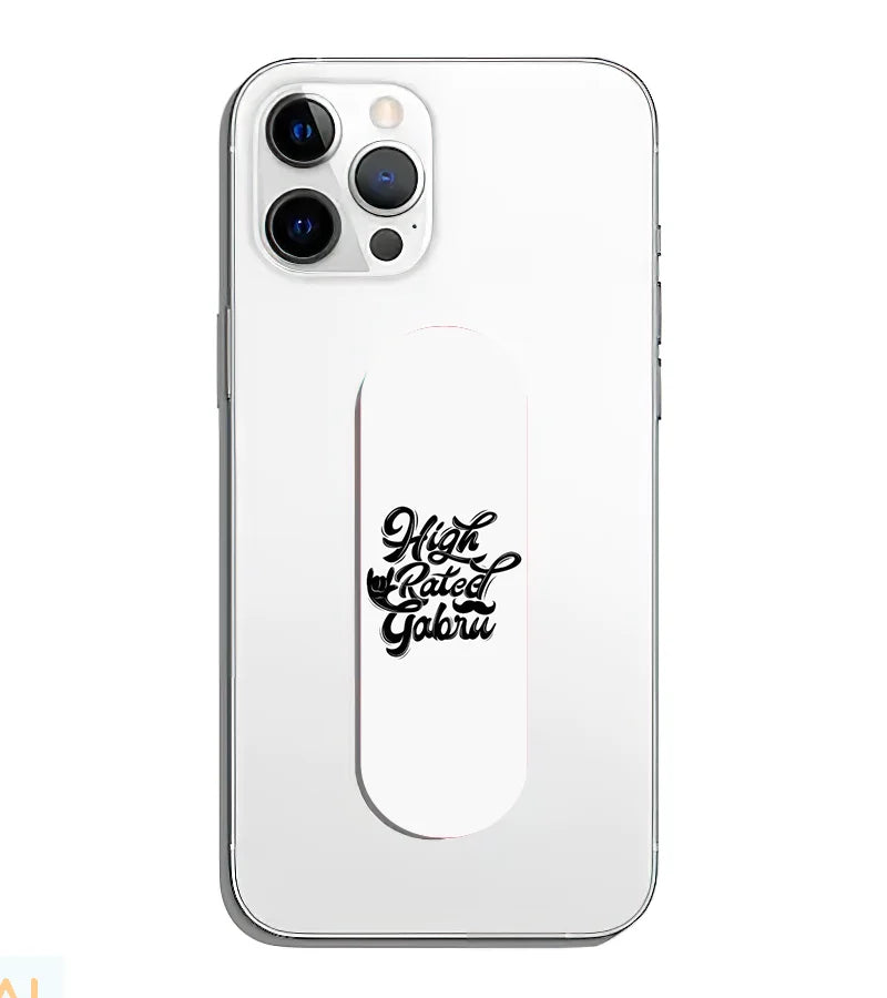 A phone grip slider applied to the back of a smartphone.