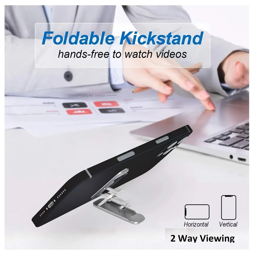 Foldable mobile phone kickstand holder with 2-way viewing angle horizontal and vertical.