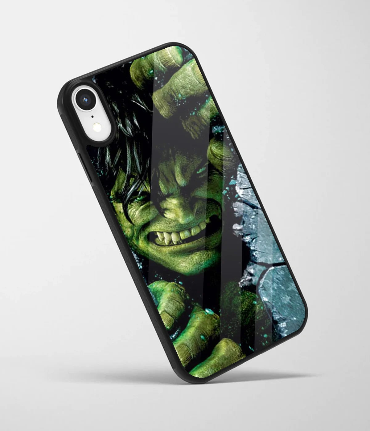 An angled view of a glass phone case featuring a vibrant design.