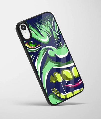 An angled view of a glass phone case featuring a vibrant design.