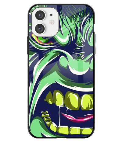 A front-on view of a glass phone case with a colorful design.