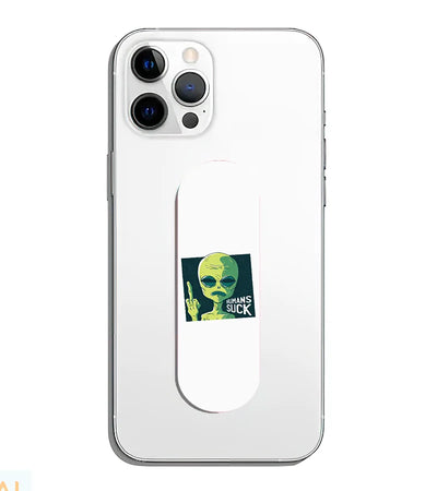 A phone grip slider applied to the back of a smartphone.