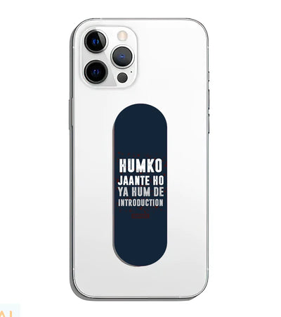A phone grip slider applied to the back of a smartphone.