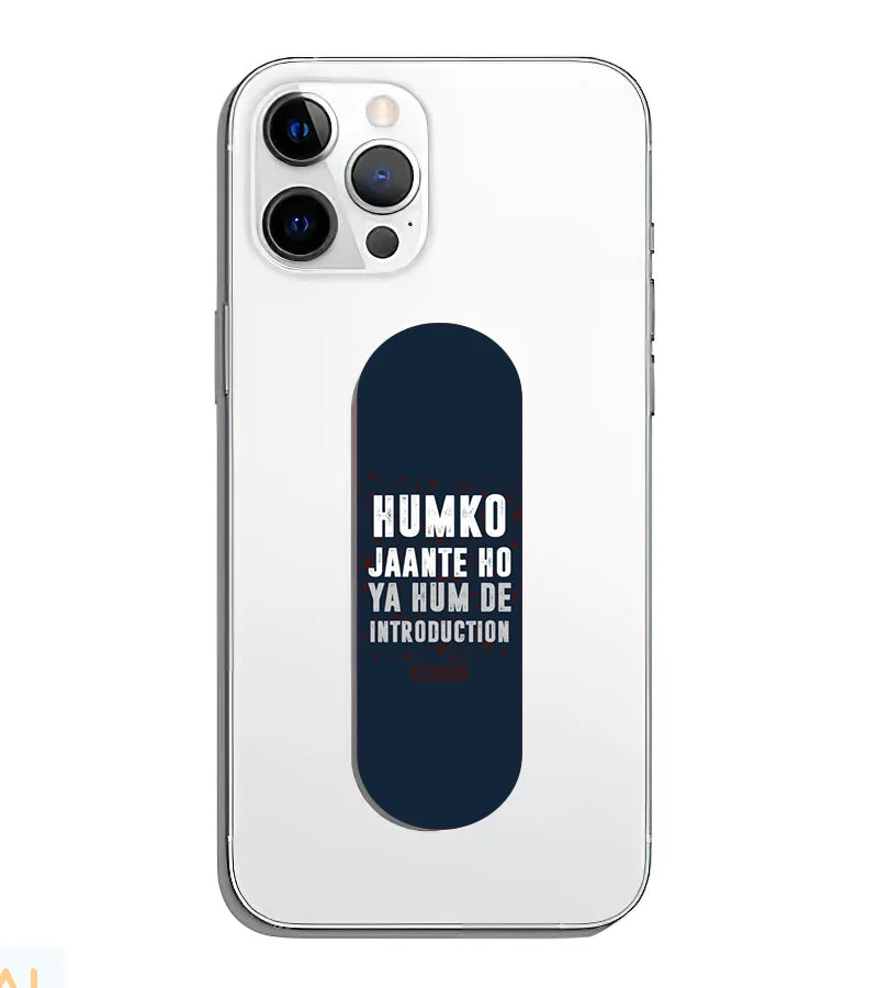 A phone grip slider applied to the back of a smartphone.