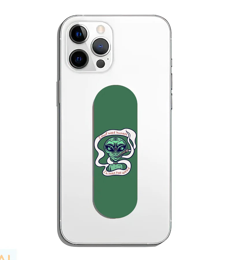 A phone grip slider applied to the back of a smartphone.