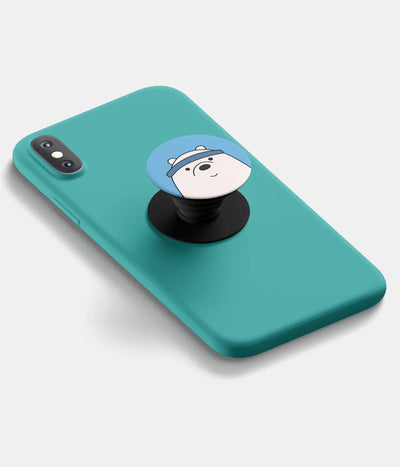 A top-down view of a phone grip holder attached to a mobile phone case on a white background