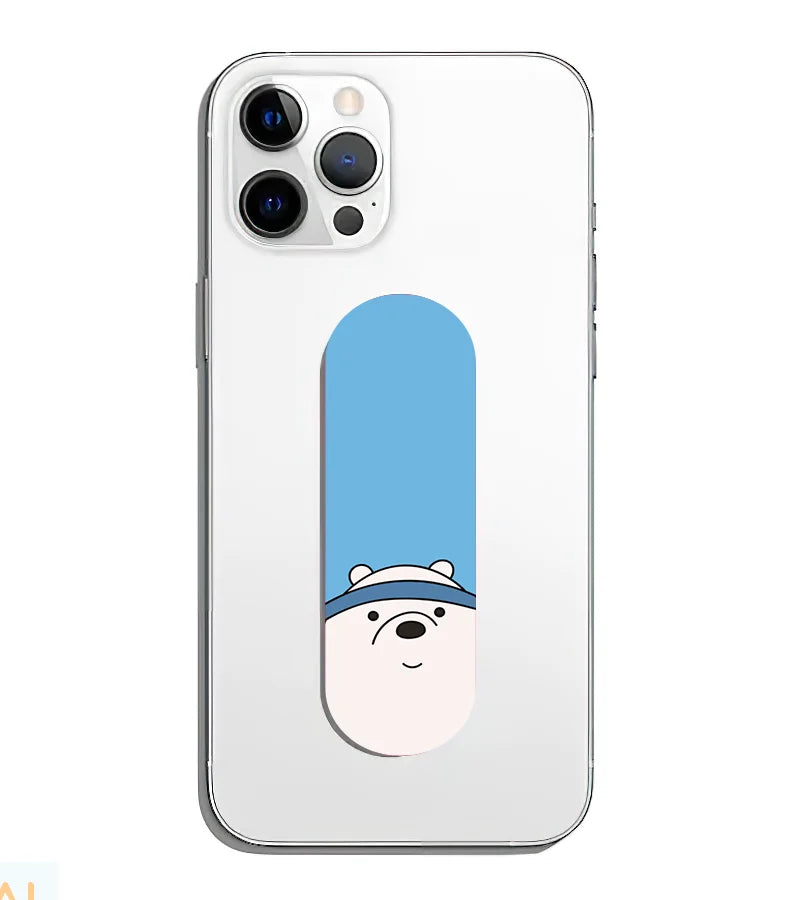 A phone grip slider applied to the back of a smartphone.