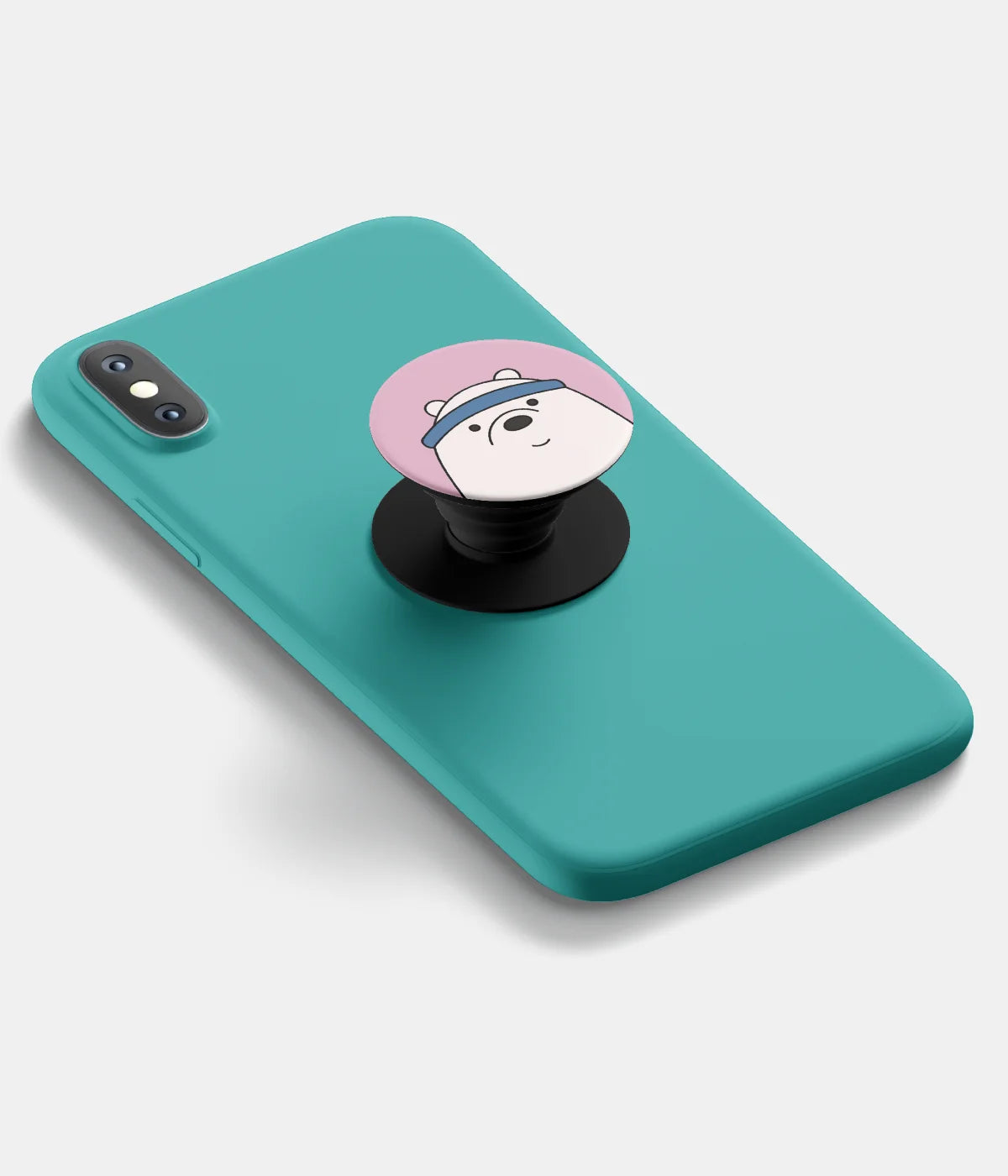 A top-down view of a phone grip holder attached to a mobile phone case on a white background