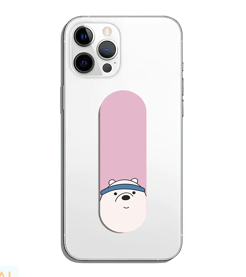 A phone grip slider applied to the back of a smartphone.