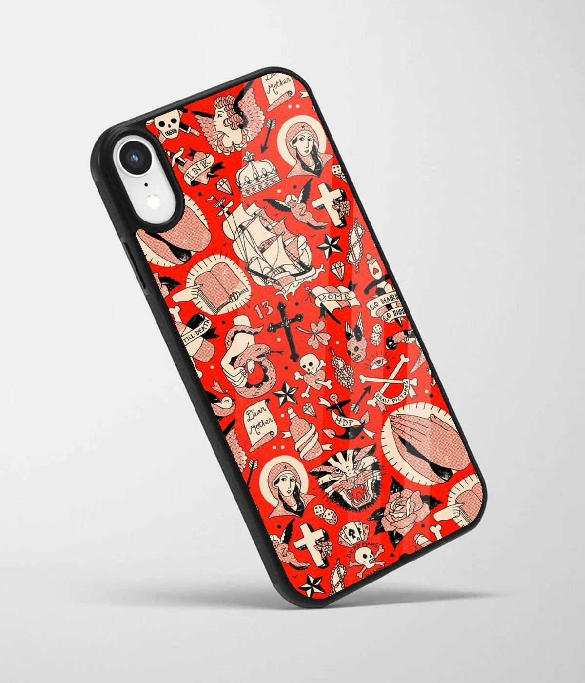 An angled view of a glass phone case featuring a vibrant design.