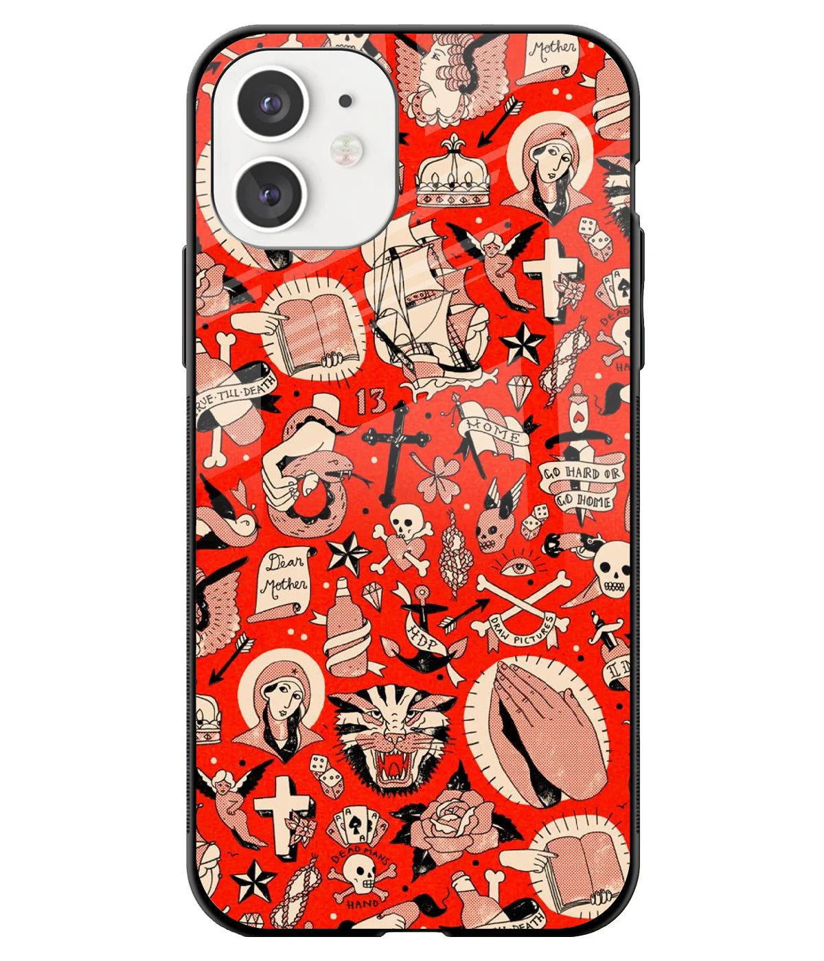 A front-on view of a glass phone case with a colorful design.