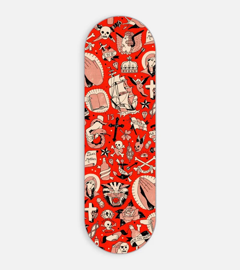 Mobile phone grip slider with a colorful design on a white background