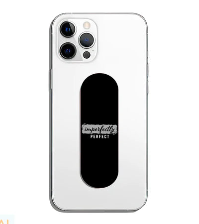 A phone grip slider applied to the back of a smartphone.