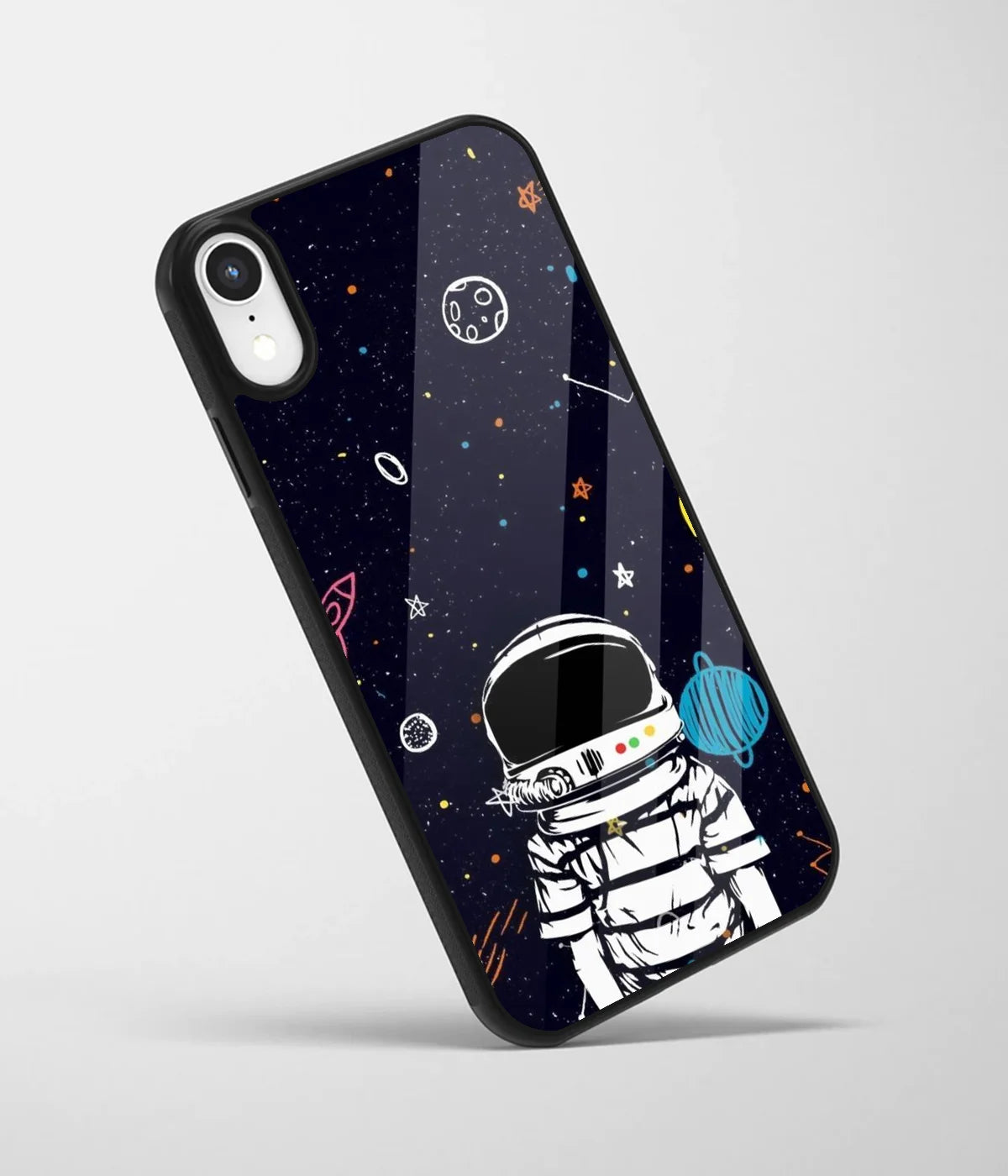 An angled view of a glass phone case featuring a vibrant design.