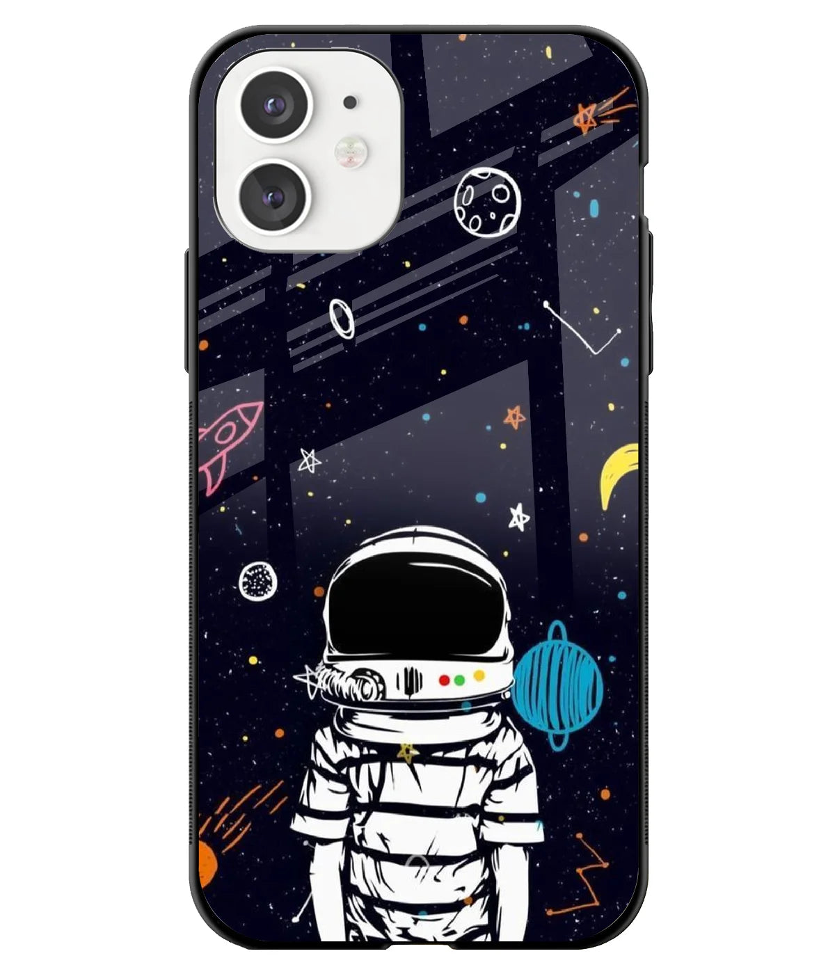 A front-on view of a glass phone case with a colorful design.