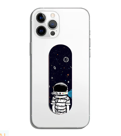 A phone grip slider applied to the back of a smartphone.