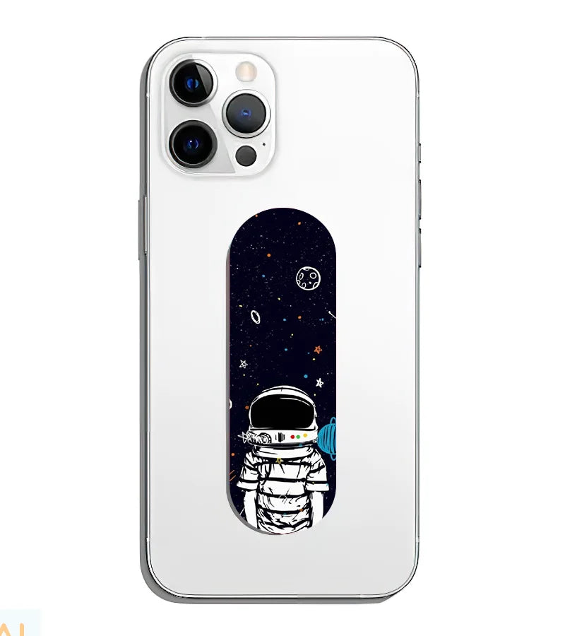 A phone grip slider applied to the back of a smartphone.