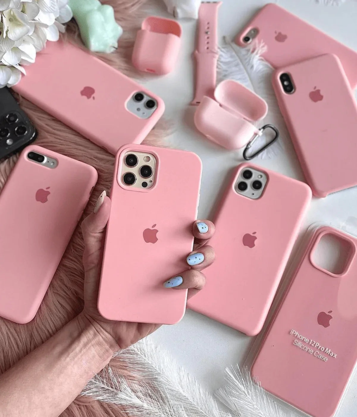 A cameo pink liquid silicone case for the iPhone.