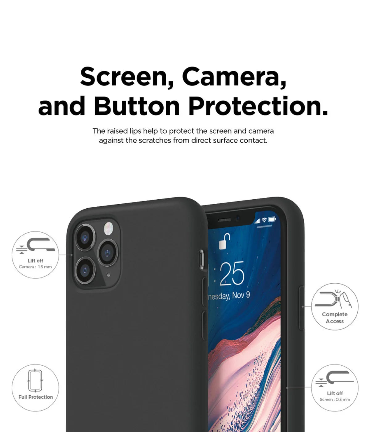 A close-up view of the iPhone liquid silicone case's raised bezels and precise cutouts, providing enhanced protection for the camera and side buttons.