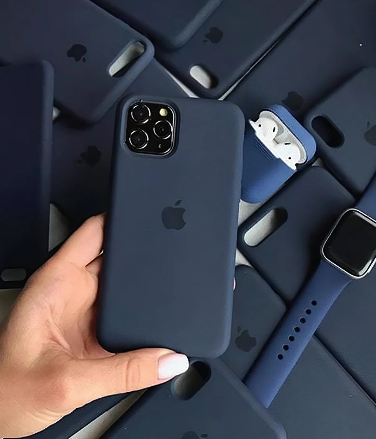 A deep navy liquid silicone case for the iPhone.