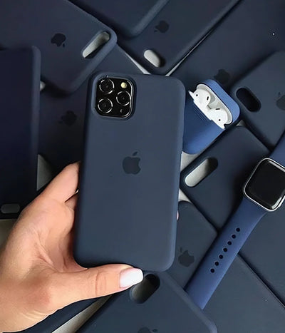 A deep navy liquid silicone case for the iPhone.