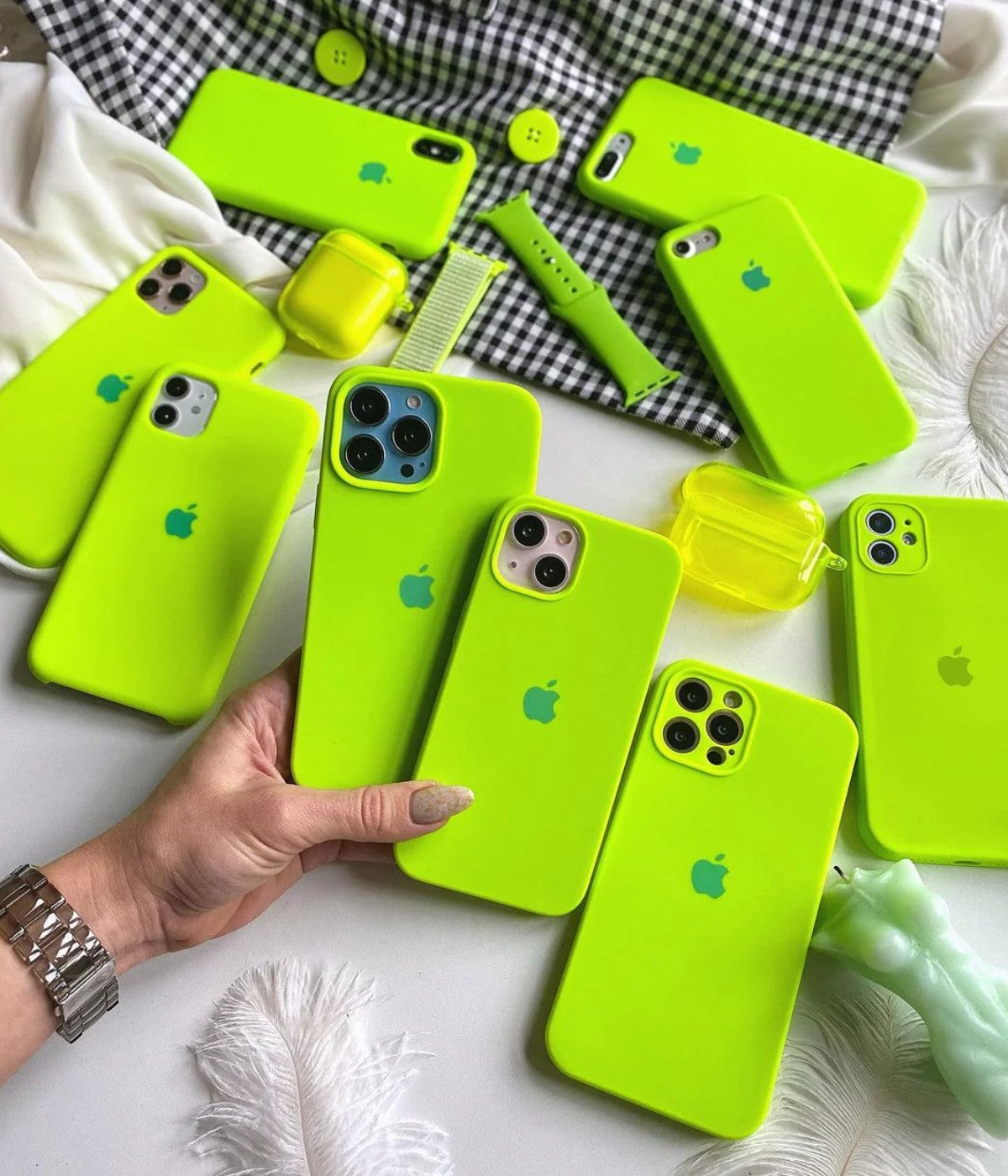 A fluorescent green liquid silicone case for the iPhone.