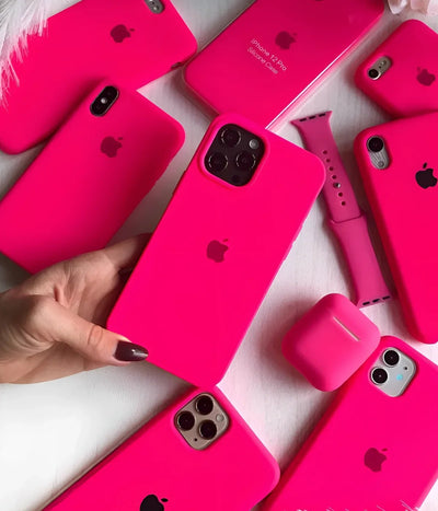 A hot pink liquid silicone case for the iPhone.