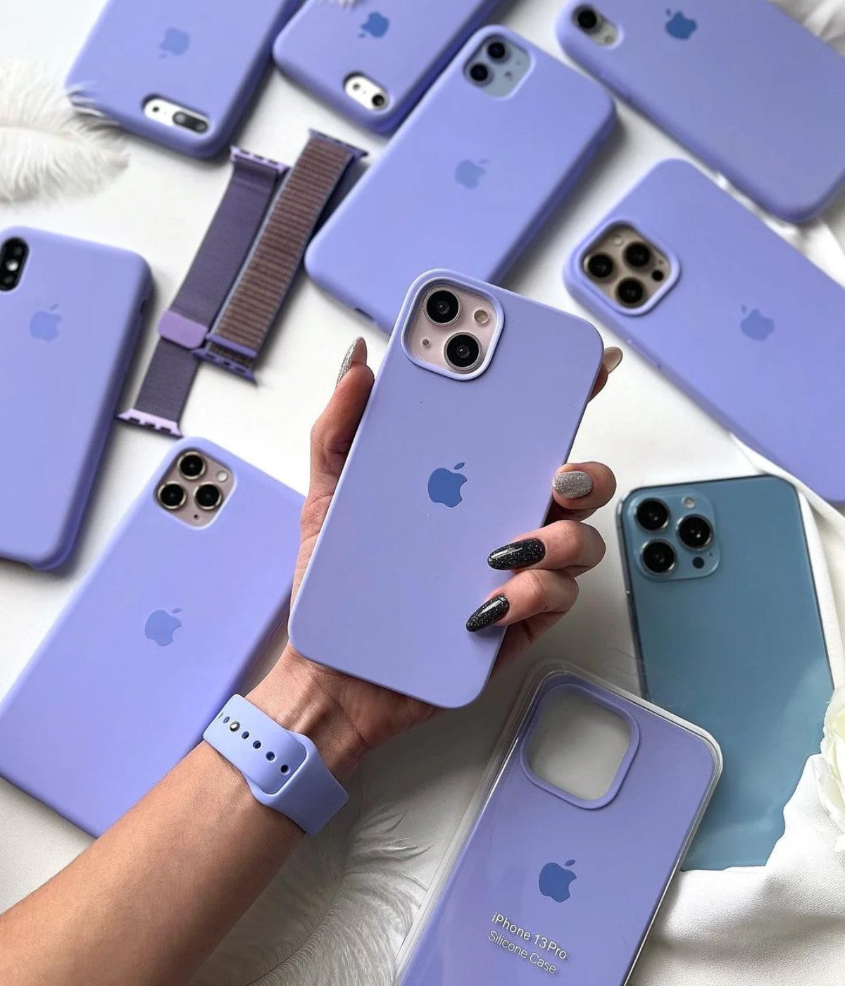 A lilac liquid silicone case for the iPhone.