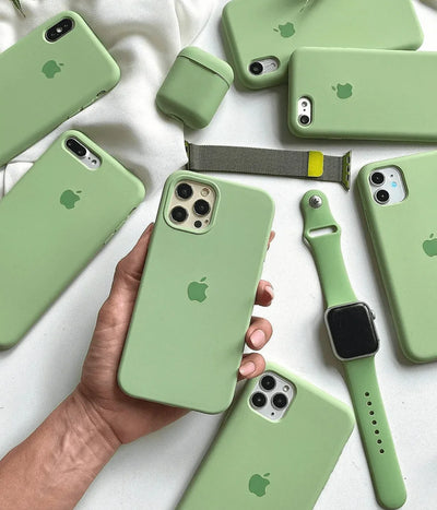 A pistachio green liquid silicone case for the iPhone.