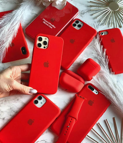 A red liquid silicone case for the iPhone.