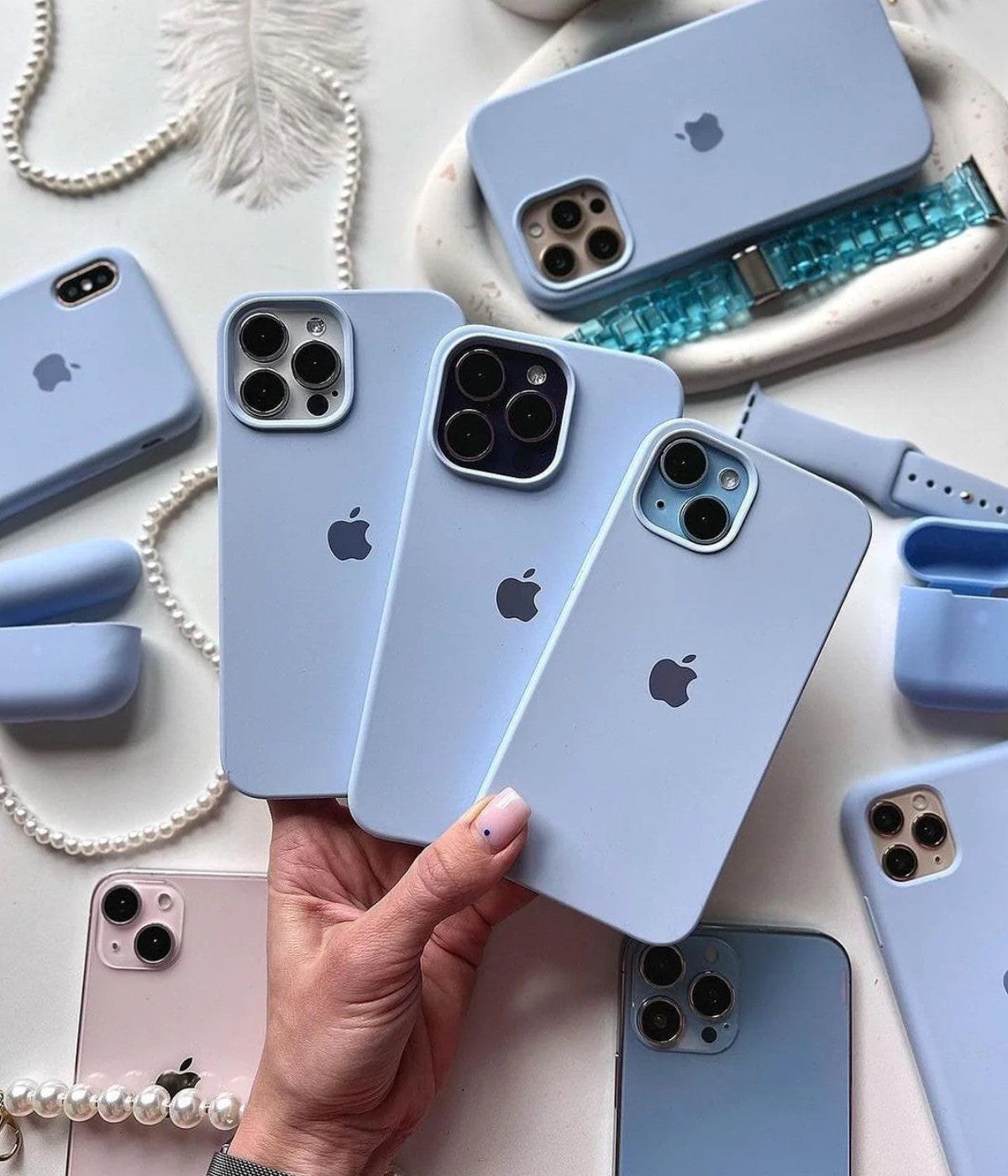 A sky blue liquid silicone case for the iPhone.